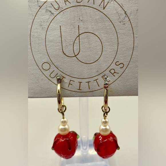 Urban Outfitters gold tone hoops w/resin red strawberries and faux pearl beads - Picture 2 of 3